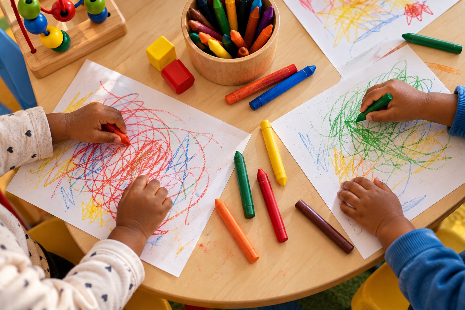 L'ingresso di un asilo nido con i disegni dei bambini appesi al vetro