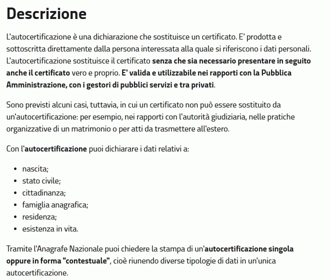 La pagina dell'autocertificazione su ANPR: spiega che sostituisce il certificato e che in alcuni casi, come gli atti da trasmettere all'estero, non è ammessa