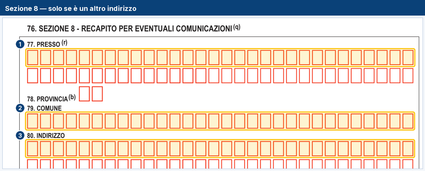 La sezione del recapito per le comunicazioni, con il campo presso e l indirizzo
