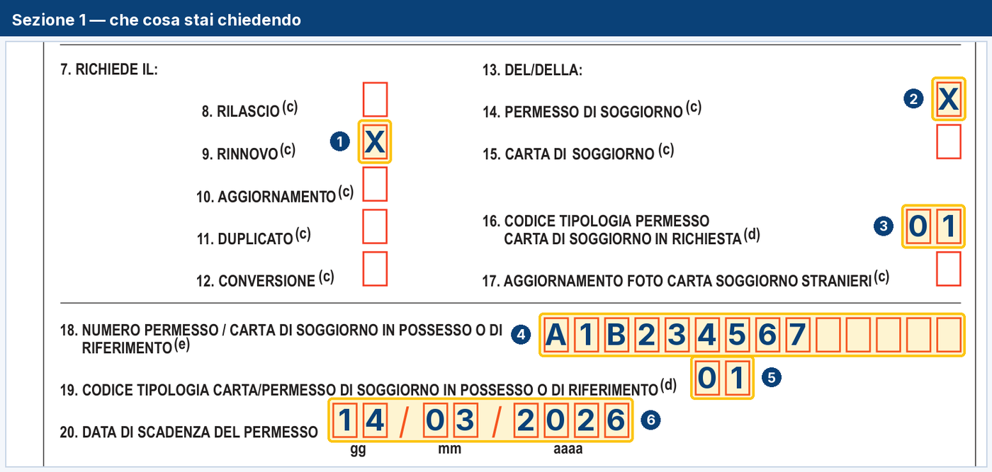 La parte del modulo dove si barra che cosa si chiede, con la casella del rinnovo e quella del permesso di soggiorno barrate e i dati del permesso posseduto