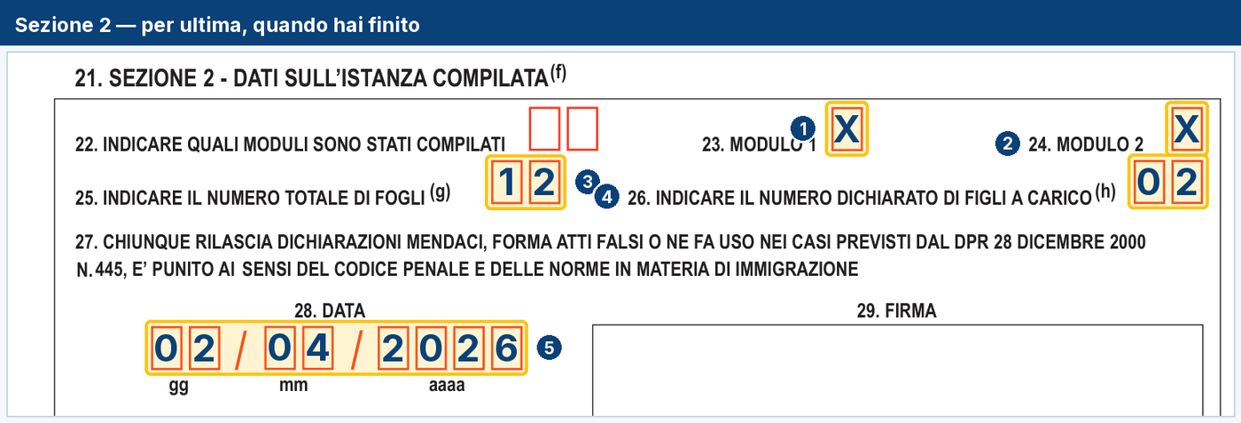 La sezione 2 compilata per ultima: quali moduli sono stati compilati, il numero totale di fogli, il numero dei figli a carico e la data