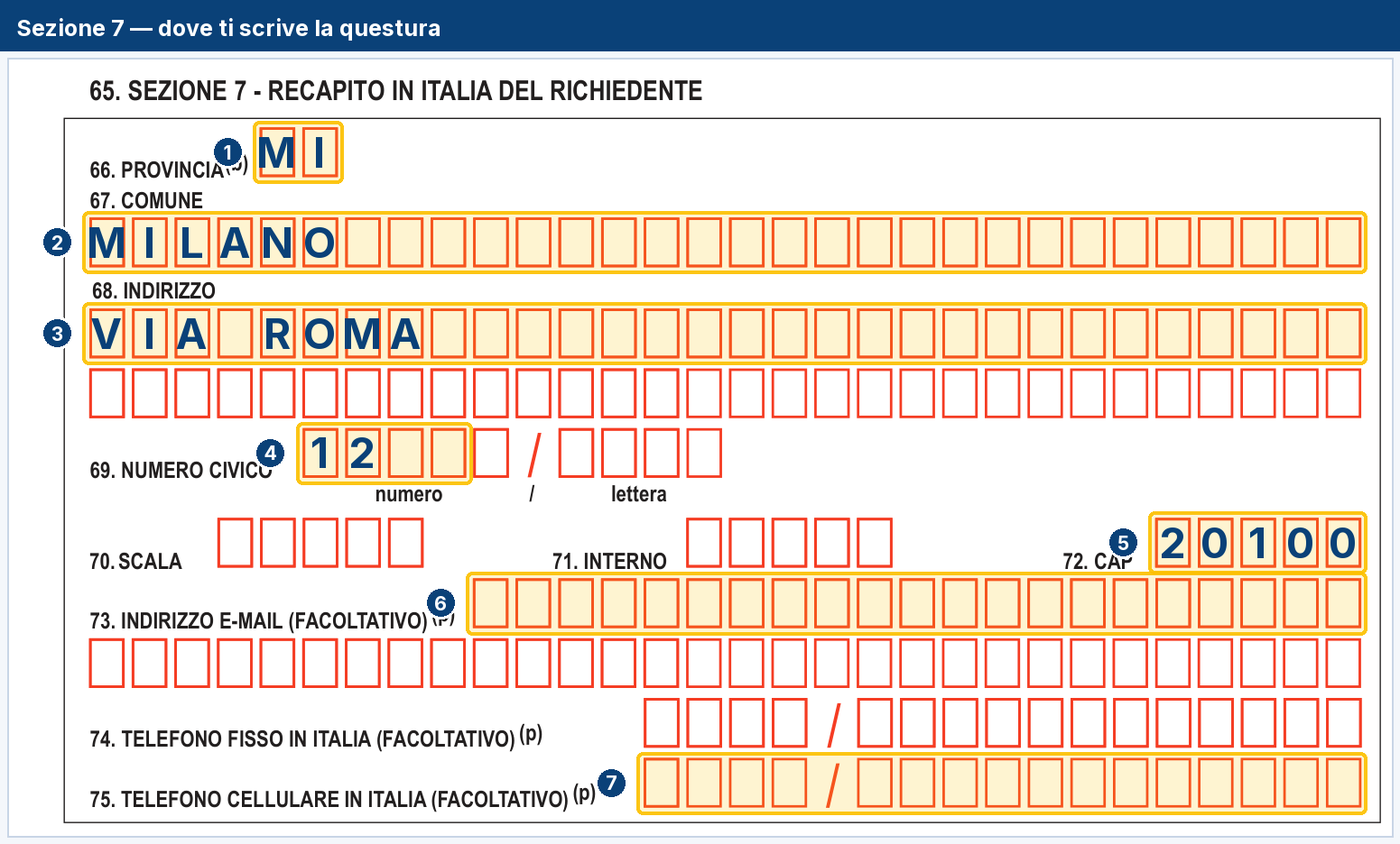 La sezione del recapito in Italia compilata con un esempio: provincia, comune, indirizzo, numero civico, CAP e le righe di email e telefono lasciate vuote