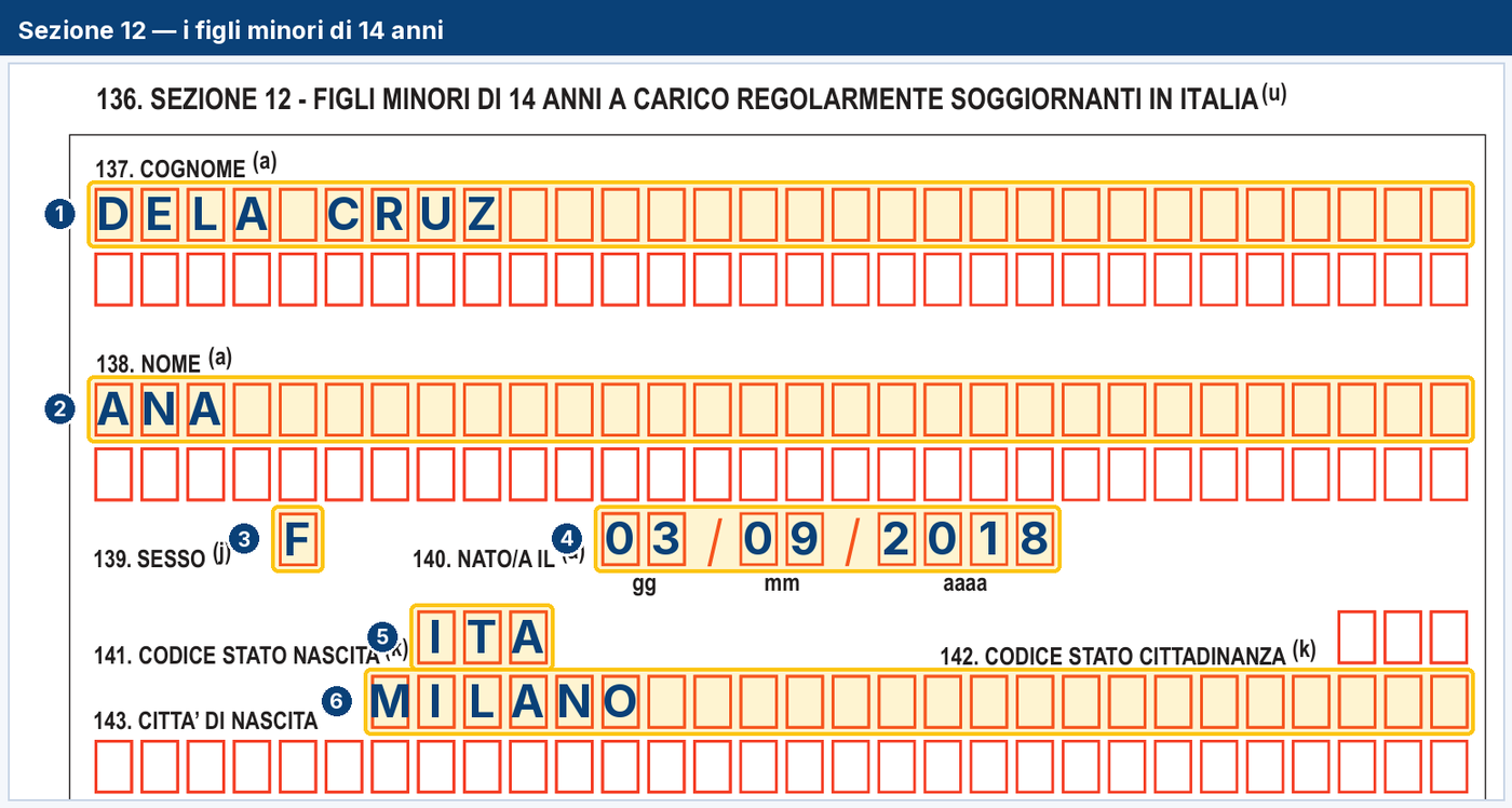 La sezione dei figli minori di quattordici anni, compilata con un esempio: cognome, nome, sesso, data di nascita, codice dello Stato e città di nascita