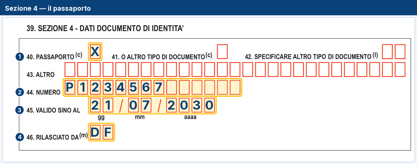La sezione del documento: la casella del passaporto barrata, il numero, la data di scadenza e chi lo ha rilasciato