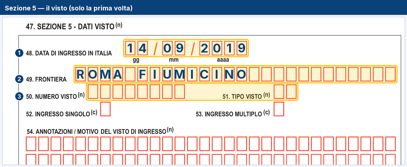 La sezione del visto: data di ingresso in Italia, frontiera e numero del visto