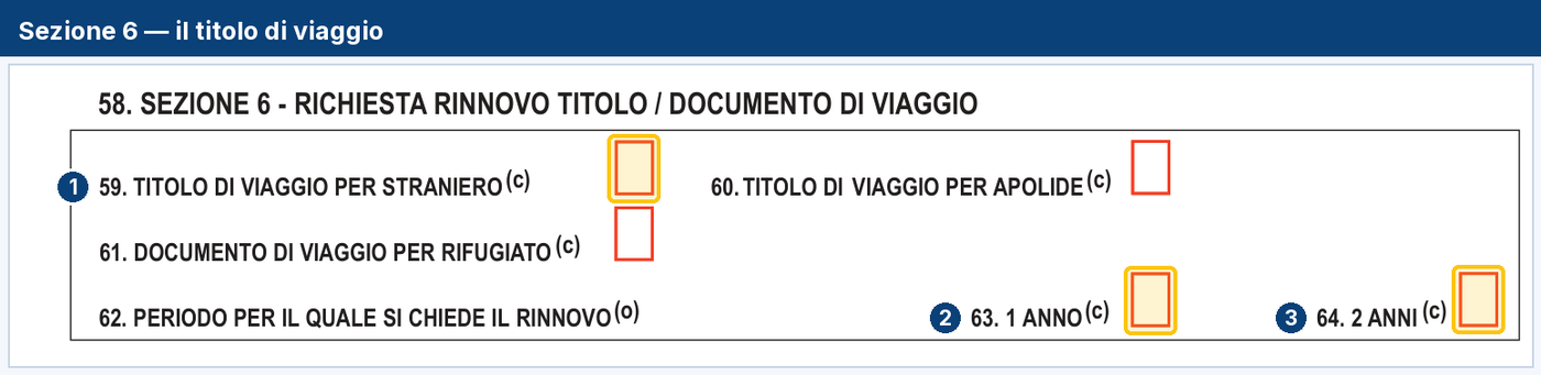 La sezione del titolo di viaggio, con le caselle per il tipo di documento e per la durata del rinnovo